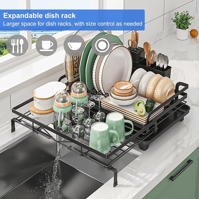 Extendable Dish Drying Rack, Space-Saving Dish Rack for Kitchen Counter, Stainless Steel Dish Strainer with Utensil Holder and Drainboard (Black) - Image 2