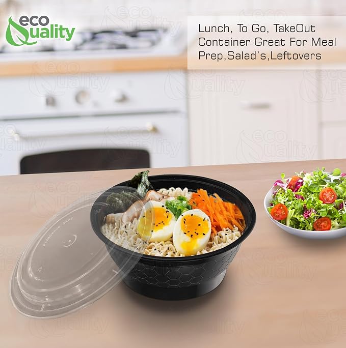 Meal Prep Containers 40oz Round Bowls with Lids, Disposable Food Storage Bento Box, Microwavable, Premium Bowl, Stir Fry, Ramen, Soup | Lunch Box | BPA Free | Freezer / Dishwasher Safe (Black, 300) - Image 6
