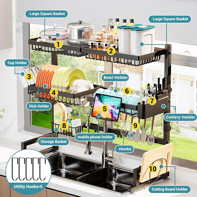 ADBIU Over The Sink Dish Drying Rack (Expandable Height and Length) Snap-On Design 2 Tier Large Dish Rack (27-40L x 12W x 32.5-37H (inches)) - Image 6