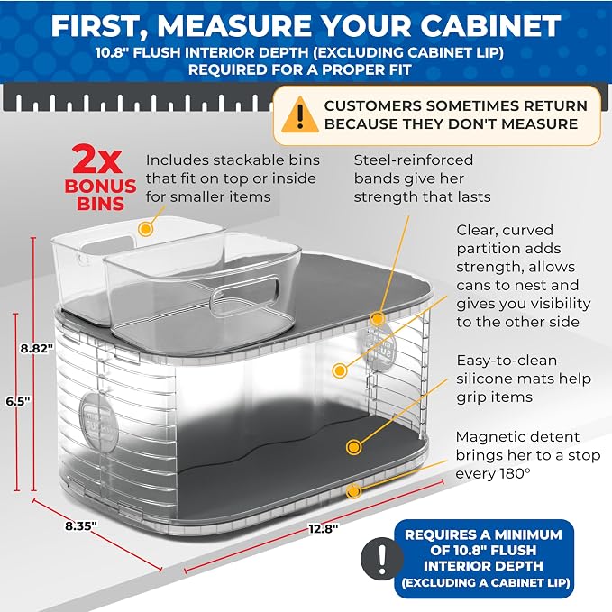 2-Tier Lazy Susan Pantry Organizer – Steel Reinforced Turntable for Kitchen Cabinets & Pantry Storage – Heavy-Duty Can Organizer Holds Up to 30 lbs – Rotates 360° – Includes 2 Bonus Bins - Image 2