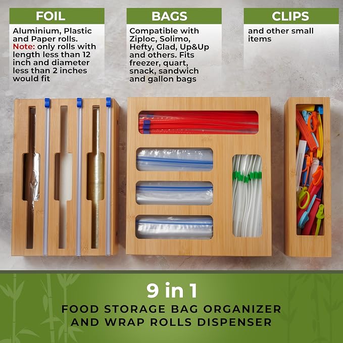 Kitchen Drawer Organizer, 9" 1 Sandwich Storage Bag Organizer & Foil Wrap | Bamboo Storage, Fits Gallon, Quart & Snack Sizes – Wall Mountable, Please Measure Before Ordering - Image 4