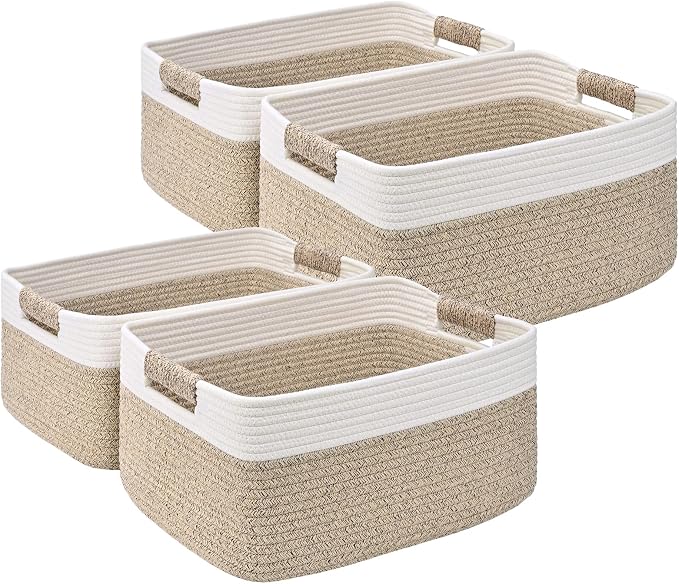 4 Pack Large Storage Basket for Organizing, 17.5"x13"x7" Woven Basket for Shelves, Closet Cube Storage Bins with Wrapped Handle, Cotton Rope Baskets for Kitchen, Clothes, Toys(Off White & Brown) by Degeyoyo