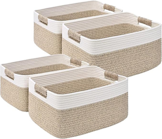 4 Pack Large Storage Basket for Organizing, 17.5"x13"x7" Woven Basket for Shelves, Closet Cube Storage Bins with Wrapped Handle, Cotton Rope Baskets for Kitchen, Clothes, Toys(Off White & Brown) by Degeyoyo