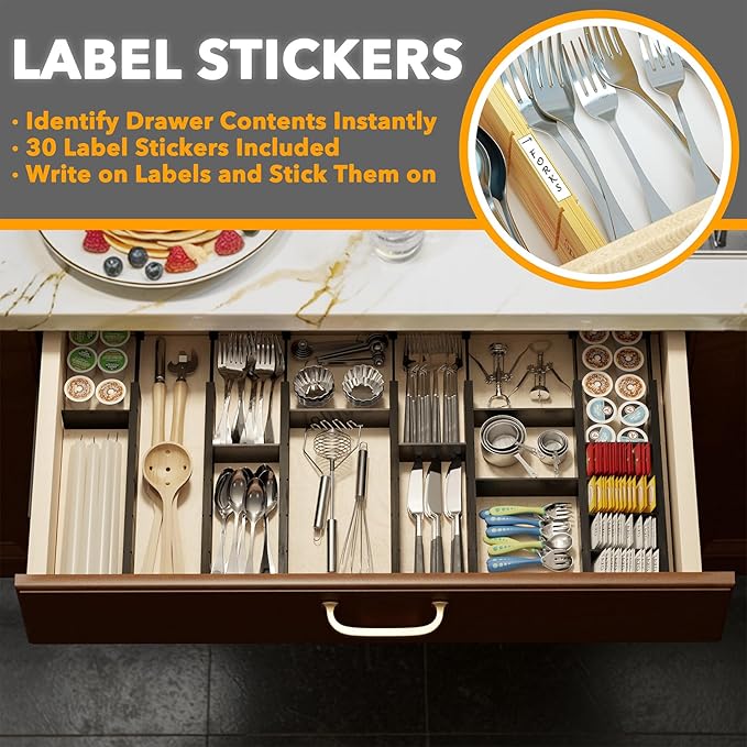 SpaceAid Bamboo Drawer Dividers with Inserts and Labels, Kitchen Adjustable Drawer Organizers, Expandable Organization for Home, Office, Dressers, 7 Dividers with 15 Inserts (17"-22" Black) - Image 3
