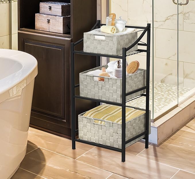 Sorbus Storage Box Woven Basket Bin Container Tote Cube Organizer Set Stackable Storage Basket Woven Strap Shelf Organizer Built-in Carry Handles (Beige) - Image 3