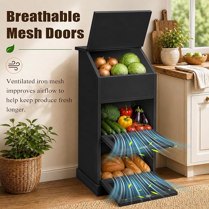 Potato and Onion Storage Bin with Lid, 3-Tier Vegetable Storage, Wooden Rustic Bread Box Cabinet for Fruit and Vegetable, Food Storage Containers Cabinet for Kitchen Pantry (Black) - Image 4
