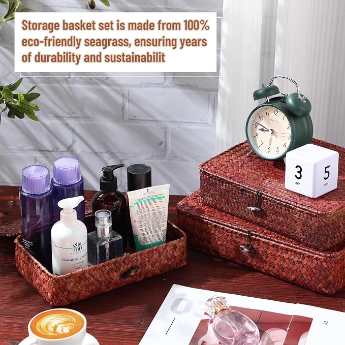 Didaey Set of 4 Seagrass Basket with Lid Wicker Storage Basket Decorative Storage Boxes with Lids Flat Storage Bins Woven Organizer Baskets for Shelf Closet Bedroom, 4 Sizes (Retro Red) - Image 5