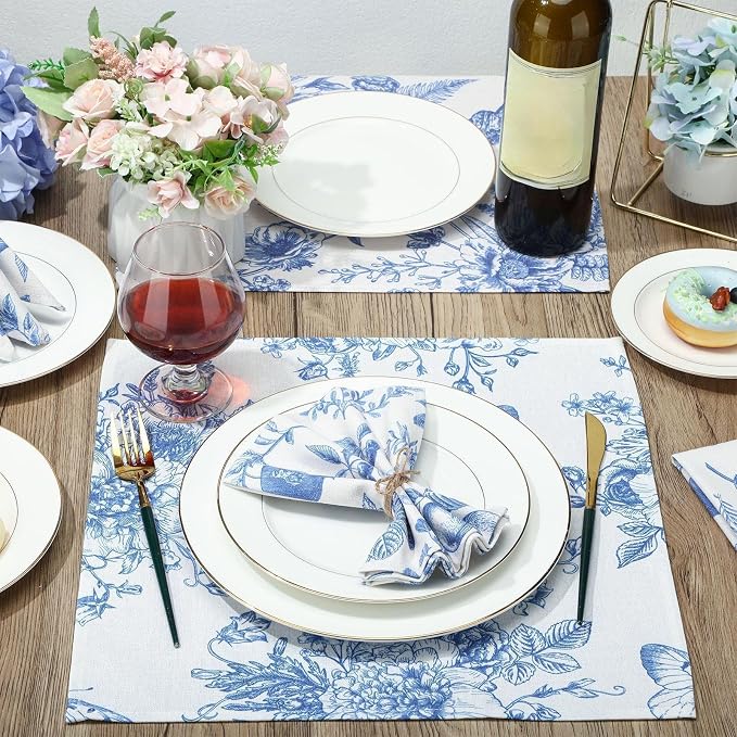 24 Pcs Cloth Napkins Bulk-15 x 15 Inch Soft Fabric Napkins Bulk Cloth Washable Reusable Plants Floral Square Napkin Cotton Dinner Towel for Spring Tea Party (Blue White Flower) - Image 3