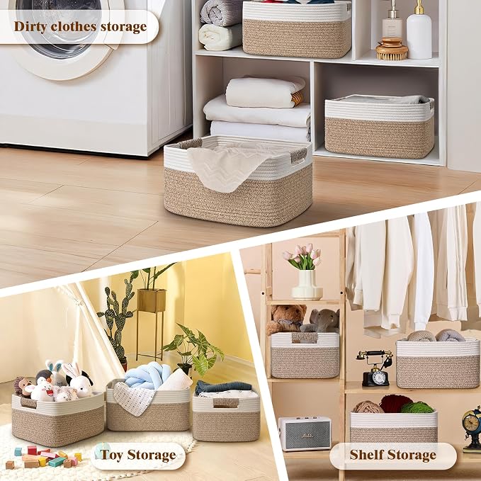 4 Pack Large Storage Basket for Organizing, 17.5"x13"x7" Woven Basket for Shelves, Closet Cube Storage Bins with Wrapped Handle, Cotton Rope Baskets for Kitchen, Clothes, Toys(Off White & Brown) - Image 9