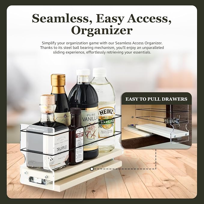 Sliding Spice Rack Organizer for Cabinets - Pull Out Shelves for Upper Kitchen Cabinets - Cabinet Organizer/Storage - USA Made - 1 Tier - 3.45" x 5.0" x 10.6"(Cream, Assembled) - Image 4