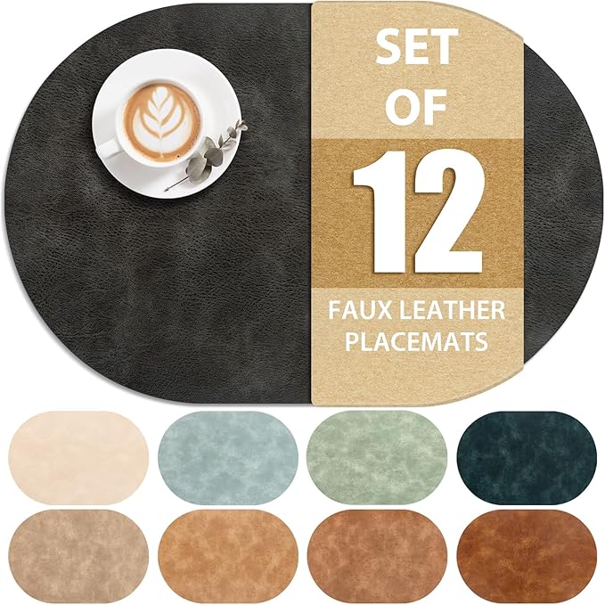 ADRIMER Placemats, Heat Resistant Oval Placemats Set of 12 Washable 12 x 17 Inch, Waterproof Table Mats, Wipeable Pu Place Mats for Kitchen, Dark Grey by Adrimersdreamistobeanindispensablecompanioninyourlife