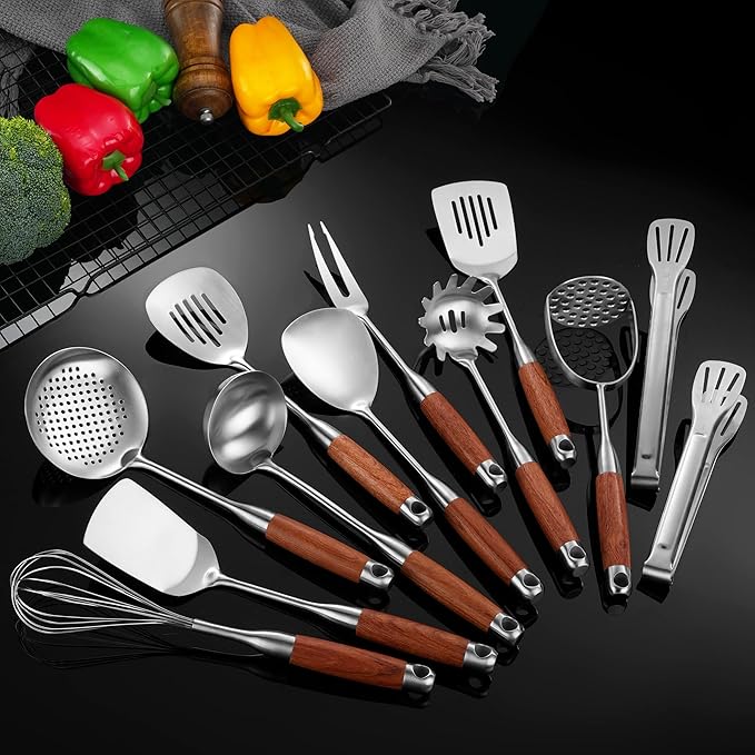 Kitchen Utensils Set Stainless Steel with Wooden Handle,Metal Cooking Utensils Set 12 PCS,Spatulas,Ladle,Skimmer,Tunners,Spaghetti Spoon,Fork,Potato Masher,Egg Whisk,Tongs by NIITAWH