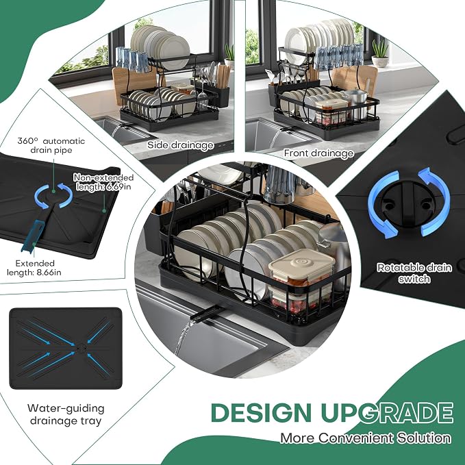 2 Tier Dish Rack, Carbon Steel Dish Drying Rack for Kitchen Organization & Storage, Countertop / Sink Dish Rack with Automatic Drain Tray, Large Capacity Black Dish Rack - Essential Home Kitchen Item - Image 6