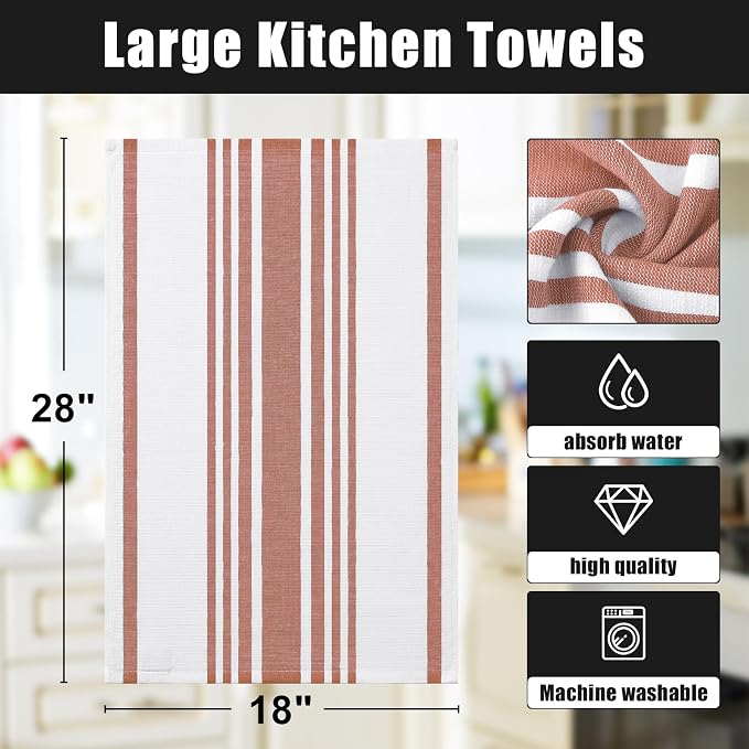 Homaxy Premium Cotton Stripe Kitchen Towels 8 Pack, 18"x 28", Rust | Large 380 GSM Kitchen Hand Towels, Soft Terry Dish Towels, Highly Absorbent Tea Towel Set with Hanging Loop - Image 8