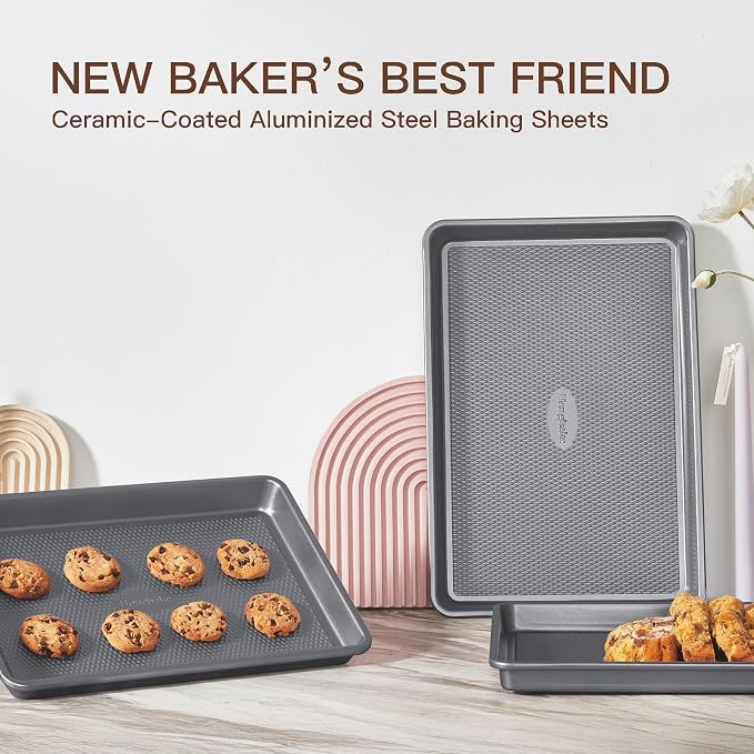 3 Pack Nonstick Ceramic Baking Sheet Pan Set for Oven, Non-Toxic Half/Quarter/Jelly Roll Pans with Diamond Texture, 0.8mm Aluminized Steel Cookie Trays for Cooking, Charcoal Gray - Image 4