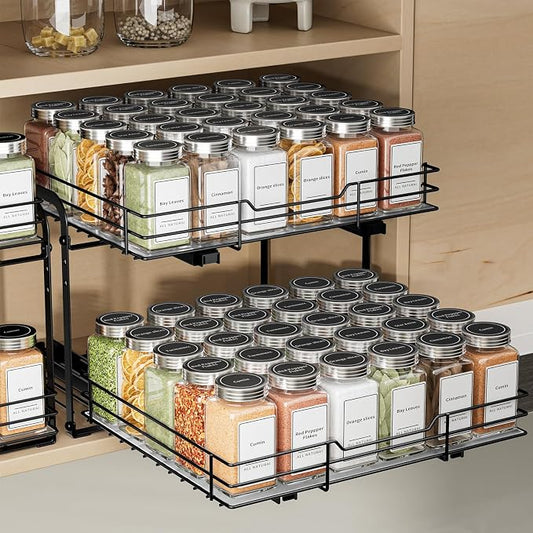 BOIVSHI 2-Tier Pull Out Spice Rack, Spice Rack Organizer, Pull Out Spice Racks for Inside Cabinets, Height Adjustable Heavy Duty Metal Basket for Inside Cabinet & Pantry (13.5''Wx10.5''Dx9.5''H) by BOIVSHI