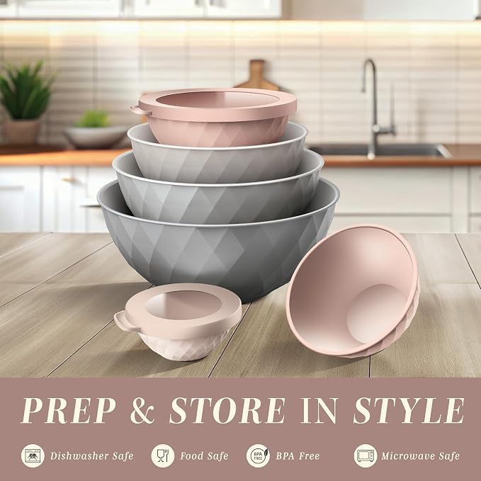 COOK WITH COLOR Mixing Bowls with Lids - 12 Piece Plastic Nesting Bowls Set includes 6 Prep Bowls and 6 Lids, Microwave Safe Mixing Bowl Set, Grey/Pink Diamond - Image 2