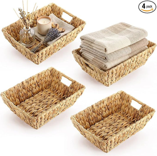 Novabright 4 Pcs Water Hyacinth Storage Baskets 14"L x 10''W x 4.7''H Large Wicker Woven Basket with Handles Pantry Gift Baskets Natural Storage Bins for Organizing Countertop by Unknown