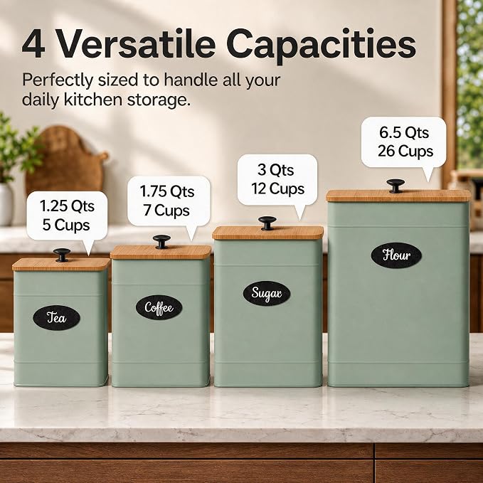 Kitchen Canisters Sets of 4 - Metal Flour Sugar Storage Containers Set for Countertop with Airtight Lids, Coffee Tea Sage Green Canister Set with Customizable Chalkboard Labels & Marker Pen - Image 2