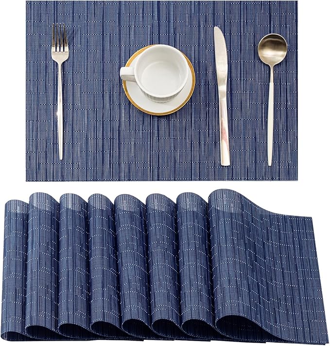 Leetaltree Blue Placemats Set of 8 - Heat Resistant Non-Slip Place mats for Dining Table, Washable Durable PVC Vinyl Woven Table Mats（Blue, 8） by Leetaltree-ArtatEveryTable