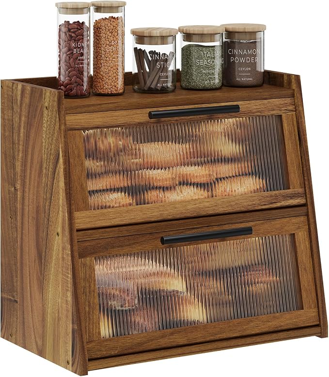 Bread Box for Kitchen Counter,Wooden Double Layer Countertop Bread Storage | Bread Holder Container Bin with Window for homemade bread; Acacia Wood Construction with Metal Handles by Furshus