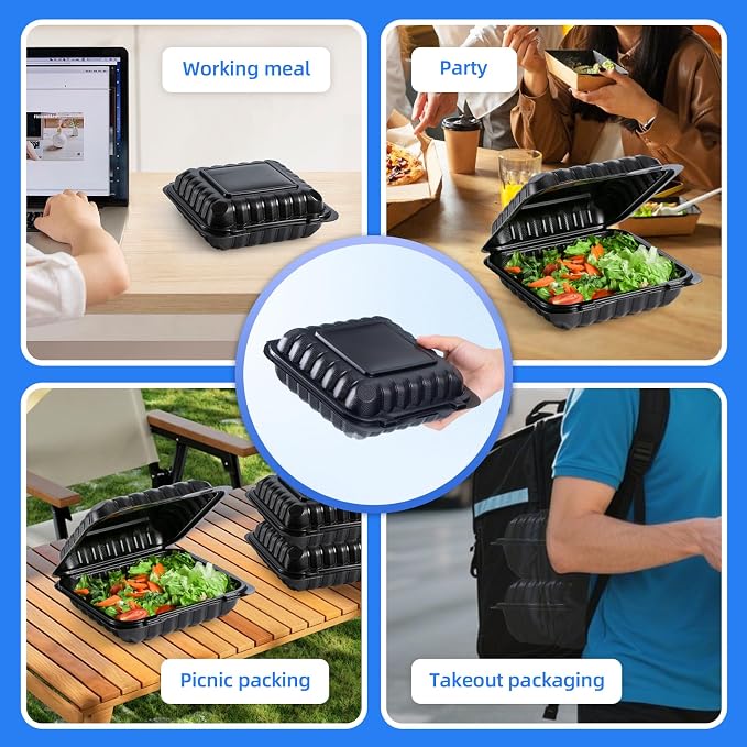 YANGRUI 55-Pack 34oz 8" Square To Go Container - Shrink Wrapped No Pre-Wash | Heavy Duty Mineral PP, Microwave & Freezer Safe | Leak-Resistant Hinged Clamshell for Leftovers, Family Gatherings & Parties - Image 6