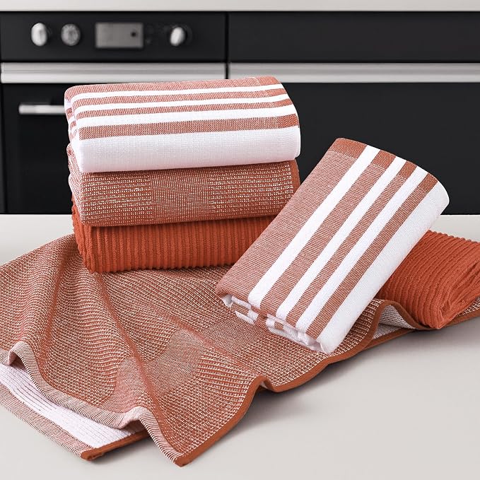 Homaxy Cotton 380 GSM Premium Kitchen Towels, 18"x 28", 12 Pack, Rust | Soft and Absorbent Terry Dish Towels, Multipurpose Tea Towel Set with Hanging Loop, 3 Styles Kitchen Hand Towels - Image 5
