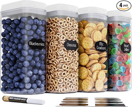 Chef's Path Large Airtight Food Storage Containers with White Lids, Set of 4, 3.2L, 109Oz, Kitchen and Pantry Canisters for Pasta, Cereal, Noodles, and Flour Storage - Transparent by ChefsPath