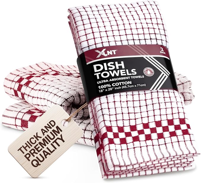 XLNT Highly Absorbent Kitchen Dish Towels 100% Cotton 18x28 inch – Ultra-Thick Dishcloths – Premium Weave for Drying & Cleaning – Soft, Durable & Lint-Free – Pack of 2 Red by XLNT