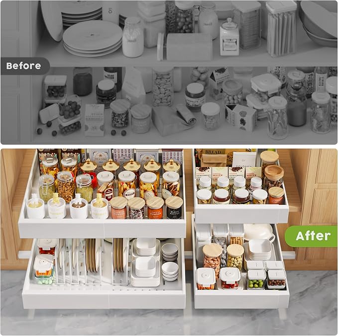 Seinloes 6 Pack Pull Out Cabinet Organizers 21" Deep With Raising Pad for Framed Cabinets, Expandable Slide Out Drawers with 4pcs Divider Racks, Roll Out Shelves, Adjustable Width 12"-20.45" White - Image 6