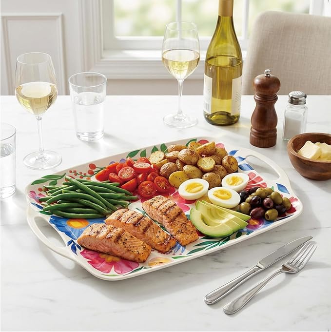 TP Melamine Serving Trays with Handles, 17” x 12”, Set of 2, Floral | Rectangular Trays, Serving platters for Food and Meat, Party Serving, Lightweight, Break-resistant - Image 4
