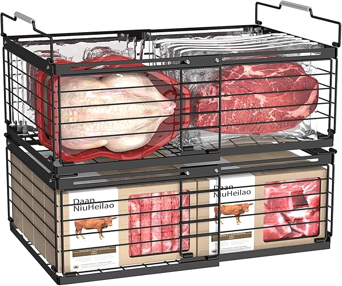 NADAMOO Expandable Chest Freezer Organizer, Stackable Wire Baskets | Adjustable 11-17.3 Inches, Heavy Duty 35 lbs Capacity, Foldable Handles, 360° Airflow, Fits 5-20 Cu Ft Models, 2 Pack by NADAMOO