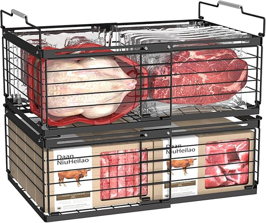 NADAMOO Expandable Chest Freezer Organizer, Stackable Wire Baskets | Adjustable 11-17.3 Inches, Heavy Duty 35 lbs Capacity, Foldable Handles, 360° Airflow, Fits 5-20 Cu Ft Models, 2 Pack by NADAMOO