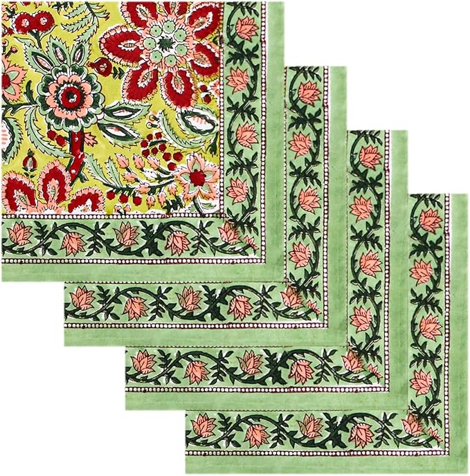 16x16 Inches Cotton Napkins Set of 4, Yellow Green, Washable Hand Block Printed Reusable Cloth Napkins for Dinning, Party, Wedding, Home Decor Autumn - Image 2