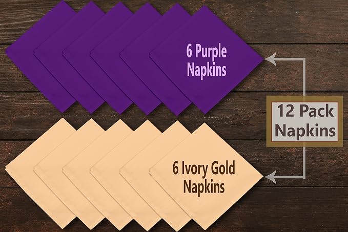 Ruvanti Cloth Napkins Set of 12, 18x18 Napkins Cloth Washable, Soft, Durable, Absorbent, Cotton Blend. Table Dinner Napkins Cloth for Hotel, Lunch, Restaurant, Wedding Parties - Purple & Ivory Gold - Image 2
