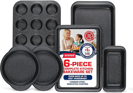 BAKKEN 6-Piece Kitchen Baking Pan Set - Commercial Grade Carbon Steel Bakeware, With Nonstick Coating, Stackable and Space-saving Design, PFOA, PFOS, PTFE Free, Oven Safe (Up To 450°F), Gray Marble by Unknown