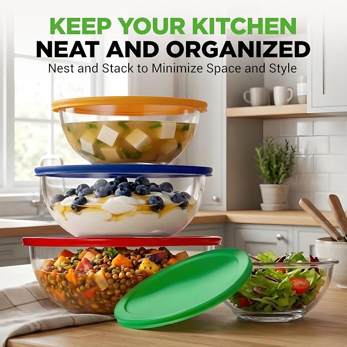NutriChef 4‑Piece Glass Mixing Bowls with Lids – Premium Borosilicate Glass Bowl Set (1 QT‑3.7 QT) – Non‑Toxic Bowls with Airtight Lids for Mixing, Baking, Serving & Storage - Image 6