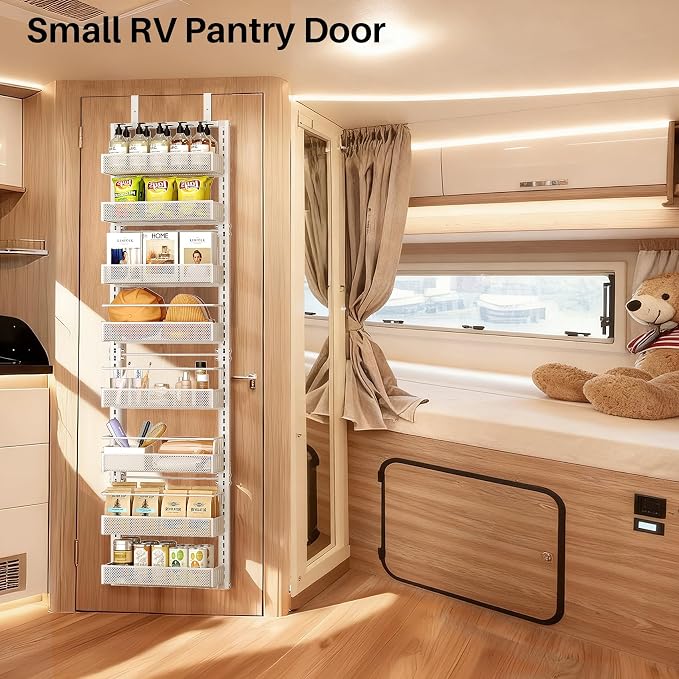 SNTD 8 Tiers Narrow Over the Door Organizer, 12.3"W x 4.7"D x 69"H, White | Pantry Door Organizers and Storage, Height Adjustable Spice Rack, Dense Mesh Baskets, Anti-Swing, Adjustable Door Fastener - Image 4