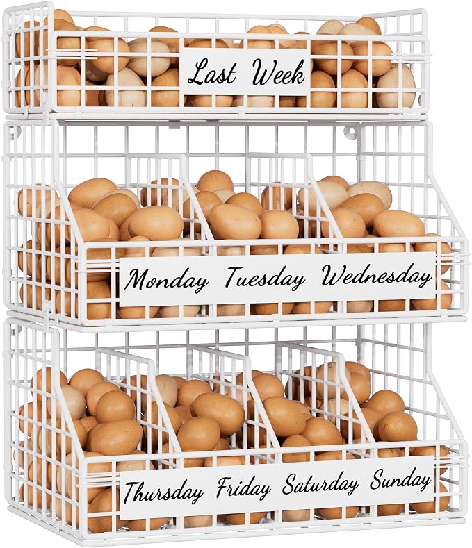 Egg Basket, Stackable Wall Mount Countertop Egg Holder with Weekday Labels | Rustproof carbon steel basket with adjustable dividers, ideal for farm eggs, backyard poultry, small kitchen & pantry storage by FAMIDGE