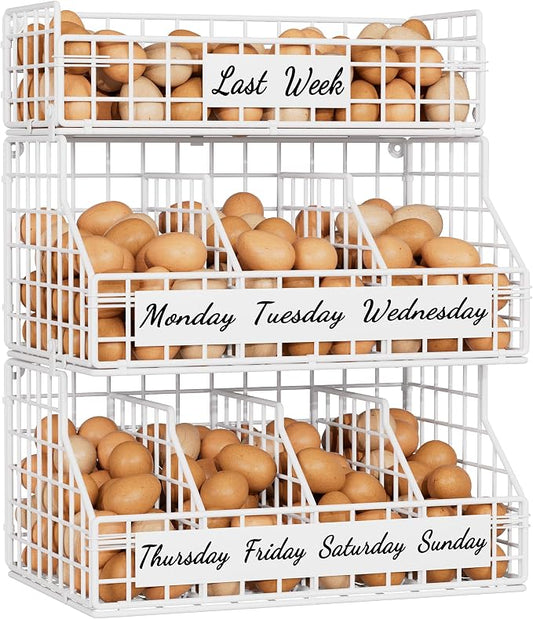Egg Basket, Stackable Wall Mount Countertop Egg Holder with Weekday Labels | Rustproof carbon steel basket with adjustable dividers, ideal for farm eggs, backyard poultry, small kitchen & pantry storage by FAMIDGE