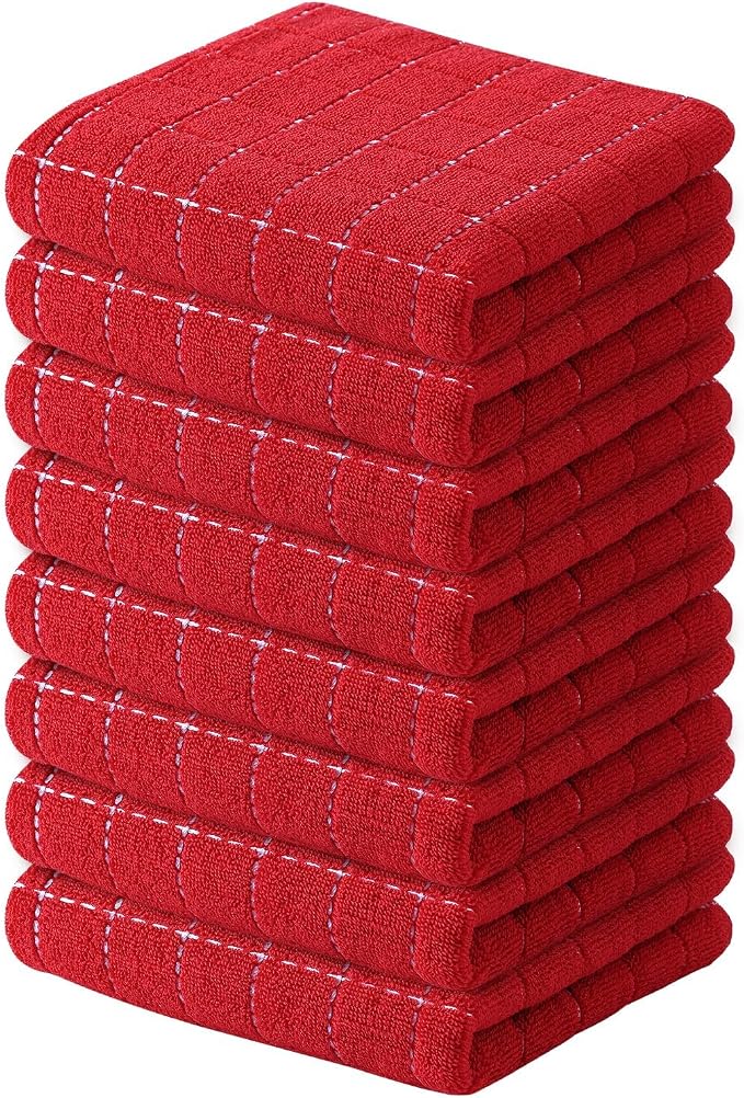 Kitinjoy 100% Cotton Terry Kitchen Towels, 13”x 28”, 8-Pack, Red | Checkered Designed, Ultra Soft Absorbent Quick Drying Dish Towels by Kitinjoy