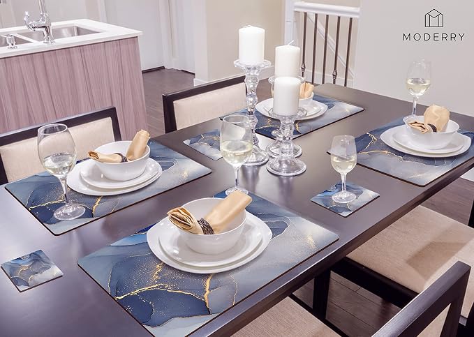 Set of 4 Heat Resistant Cork Placemats for Dining Table with Free Set of 4 Matching Drink Coasters Marble Design 16 x 12 Inches Cork Backed Hard Placemats (Blue & Gold) - Image 9