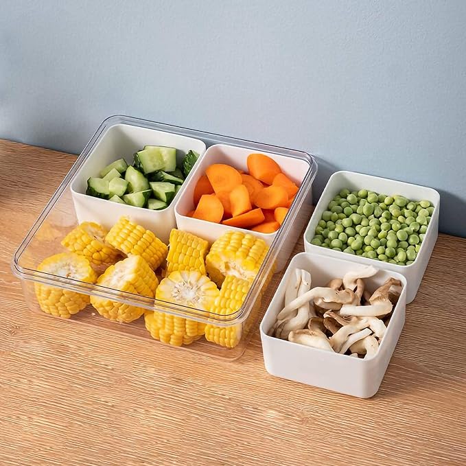 2Pack Divided Veggie Tray with Lid Snackle Box Serving Container Salad Keeper with 4 Removable Boxes Stackable Refrigerator Organizer Bins Produce Saver for Meal Prep Fruit - Image 7