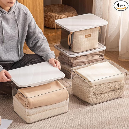 4-Piece Set,Plastic Storage Bin with Lid,Large Storage Containers,Stackable Lidded Storage Boxes for Cabinets, Clothes, Toys, Books (clear 4XL(with wihte lid)) by sgoostood