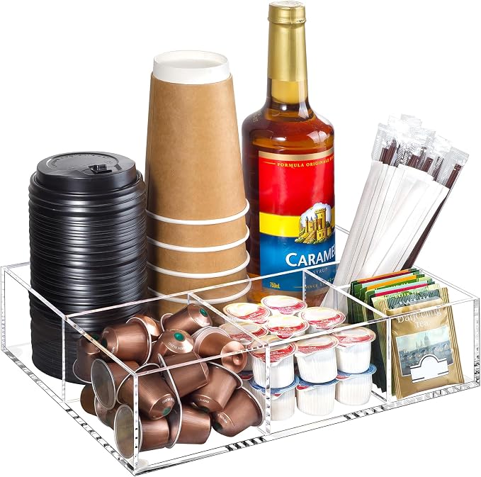 BEYGORM Acrylic Coffee Bar Station Organizer for Countertop | Office Breakroom Clear Snack Tea Storage Accessories Holder for Kcup Pod Condiment Cup Creamer Syrup, Gift for Coffee Lovers by BEYGORM