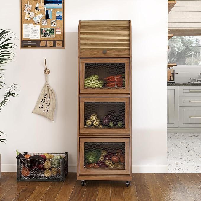 Movable Potato Storage Bins, Fruit Vegetable Basket, Kitchen Pantry Cabinet | Tall Large Potato and Onion Storage Bin, for Bread, Mid Century Modern, Wooden, with Sliding Door and Wheels, 4 Tier, Walnut - Image 7