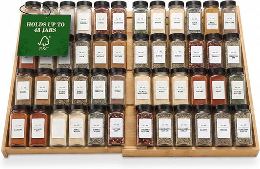 Bamboo Spice Drawer Organizer, Expandable 12 to 23 Inch Insert Holds 48 Jars, 4 Tier Seasoning Rack for Kitchen Drawer or Countertop, Adjustable Wood Spice Organizer by Unknown