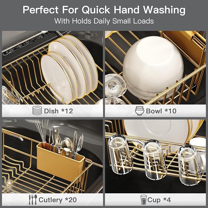 Gold Dish Drying Rack Over The Sink with Utensil Holder, Mat | Expandable Stainless Steel Dish Drainer for Small Kitchen, Apartment, RV, Counter Space Saving, Perfect Fit, Rustproof - Image 7