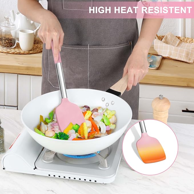 LIANYU 15 Piece Cooking Utensils Set with Stainless Steel Handle, Silicone Kitchen Gadgets with Holder, Heat Resistant Spatula Spoon Turner Tong Whisk Brush Tools for Cooking, Dishwasher Safe, Pink - Image 6