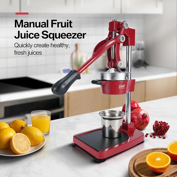 18 Inch Height Commercial Heavy Duty Cast Iron Hand Press Manual Orange Citrus Lemon Lime Grapefruit Pomegranate Fruit Juice Squeezer Machine with Stainless Steel Cup and Durable Base Red - Image 2